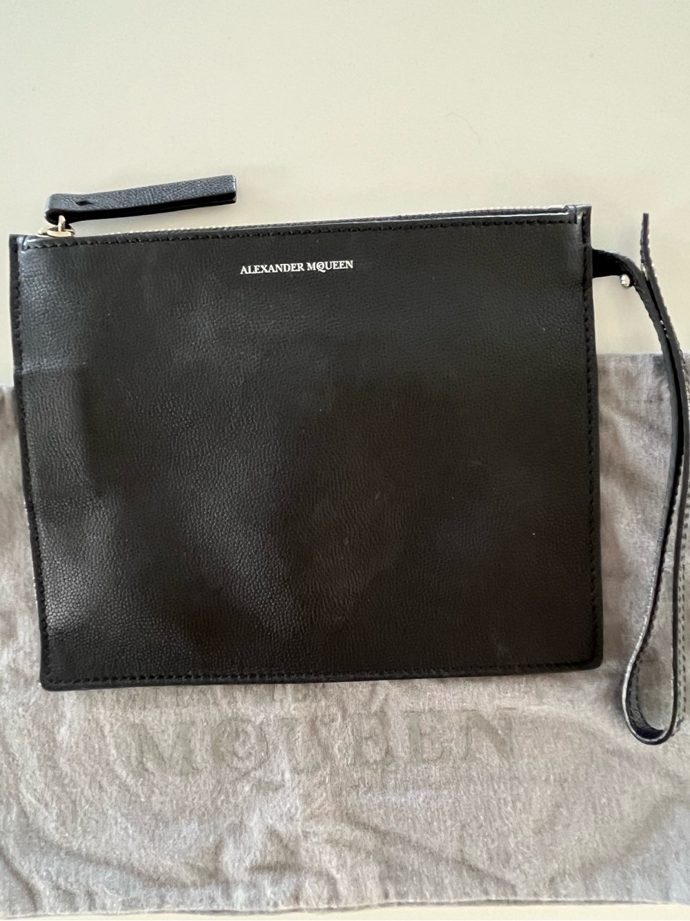Alexander McQueen Rare Black Grained Leather Wristlet Pouch Clutch Like New